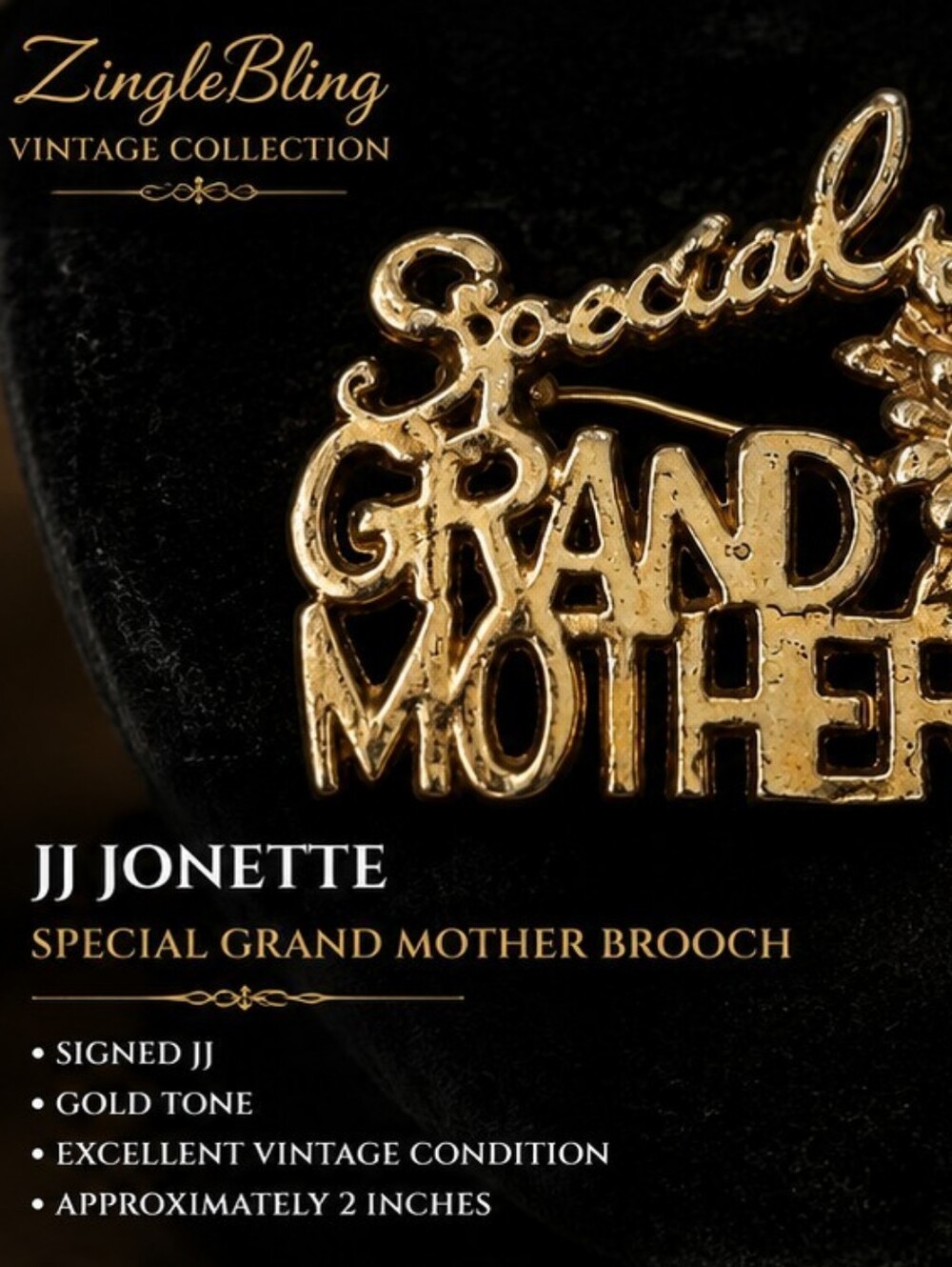JJ Jonette Vintage Special Grandmother Floral Brooch Gold Tone Signed JJ
